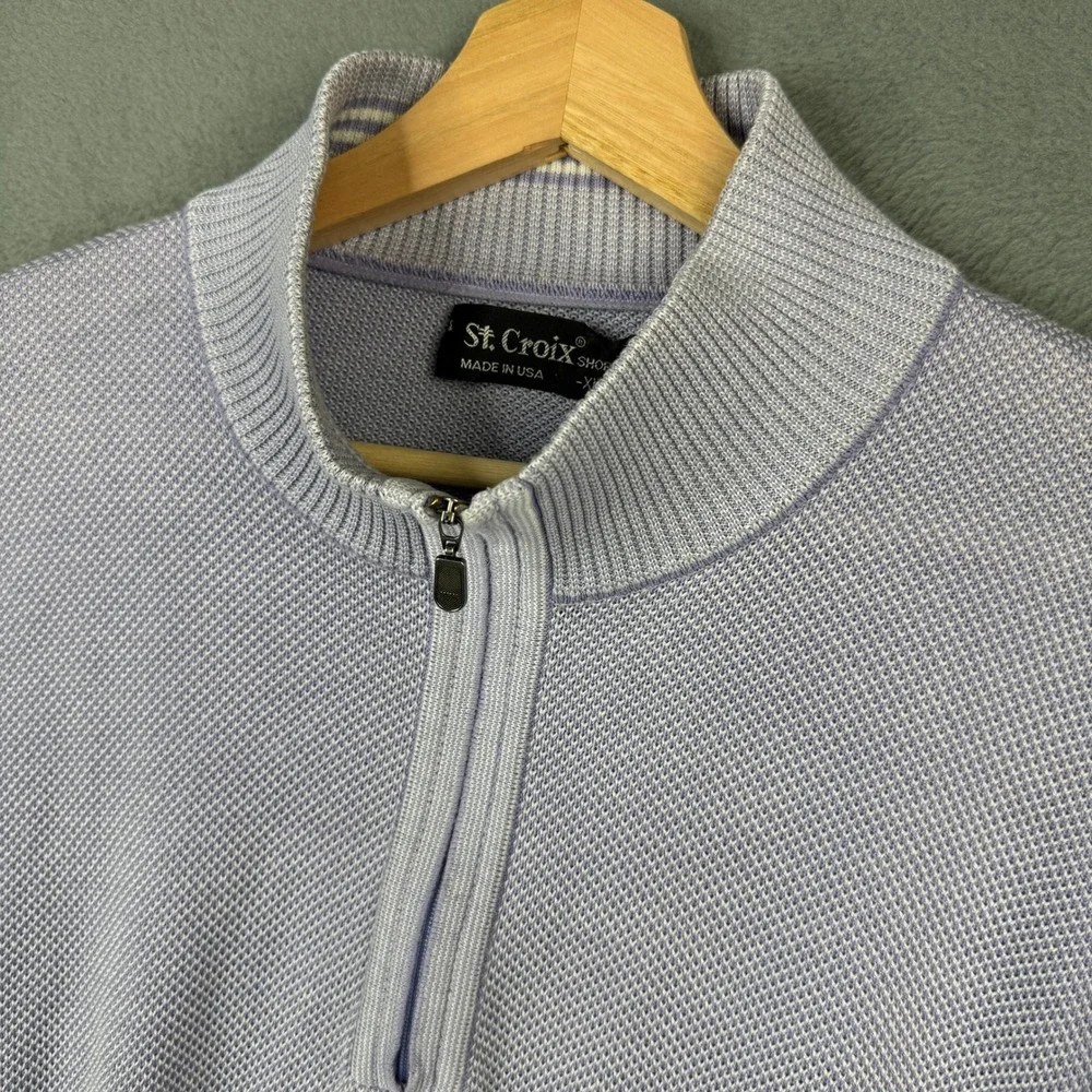 St. Croix Shop Mens XL Quarter Zip Pullover Sweater Blue Cotton Blend Mock Neck